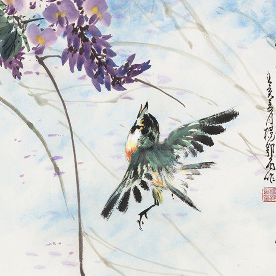 Chinese brush painting of bird and wisteria