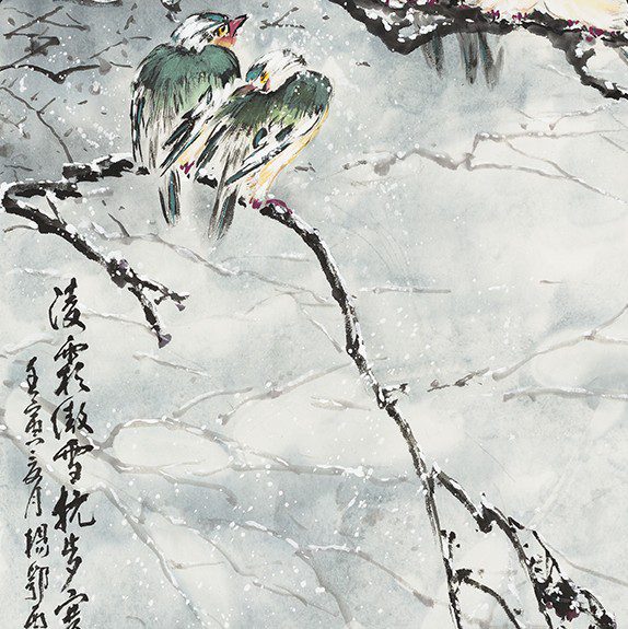 Two birds on snowy branch, Chinese painting
