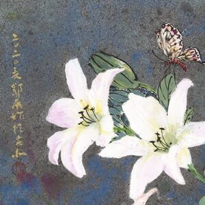 White lilies and butterfly on textured background