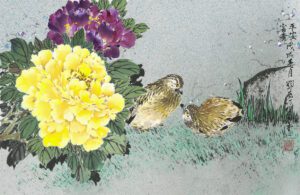 Two small birds beside large yellow peony